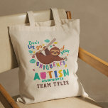 Hold On To Your Uniqueness Autism Awareness Sloth Tote Bag<br><div class="desc">Don't Let Go of Your Uniqueness Autism Awareness design featuring a sloth hanging on a tree branch and not letting go. Cute,  bright,  and fun design for your Awareness campaign,  events as well as adding to your home decor

Add your team name by clicking the "Personalize" button above</div>