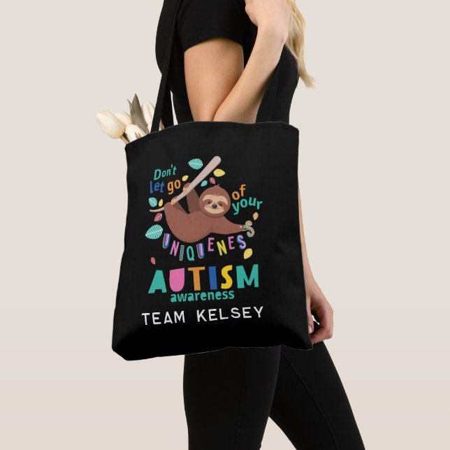 Hold On To Your Uniqueness Sloth Autism Awareness Tote Bag (Close Up)