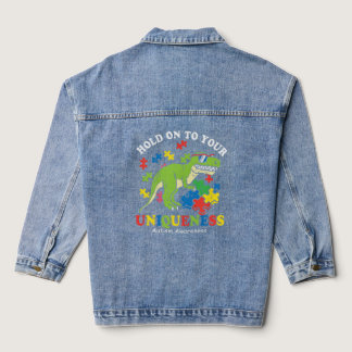 Hold On To Your Uniqueness Trex Puzzle Dino Autism Denim Jacket