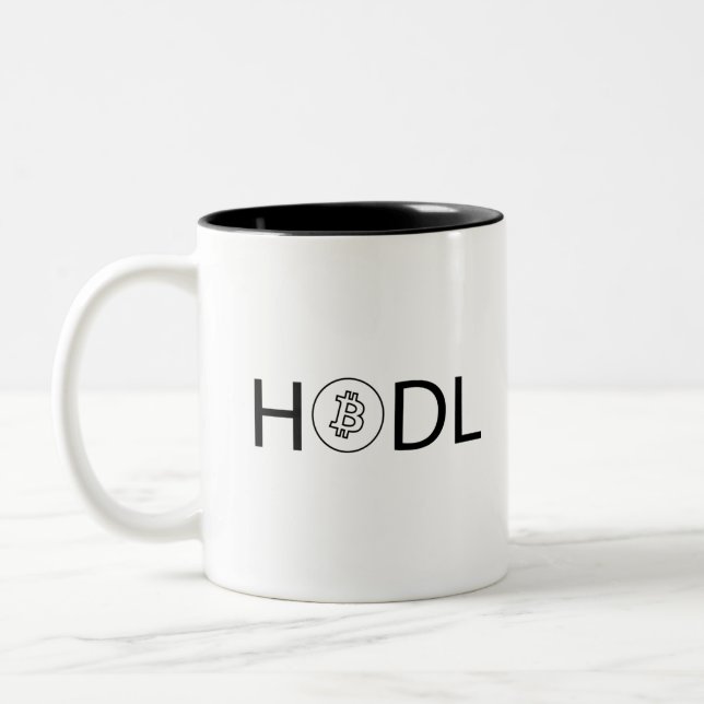 HOLD with the Bitcoin logo Two-Tone Coffee Mug (Left)