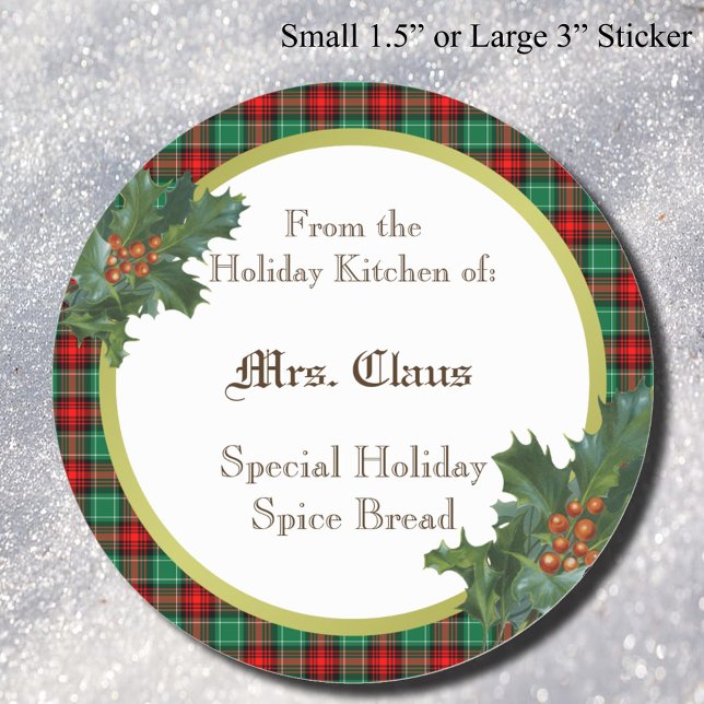 Holday Kitchen of Custom Holly Plaid Canning Classic Round Sticker (Red Green Holiday Plaid with Holly)