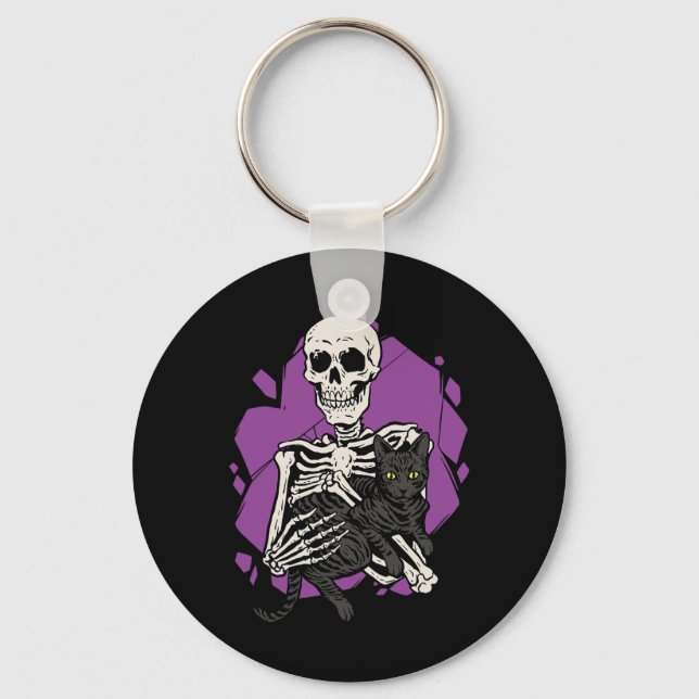 Holding A Black Cat Lazy Halloween Costume Skull  Keychain (Front)