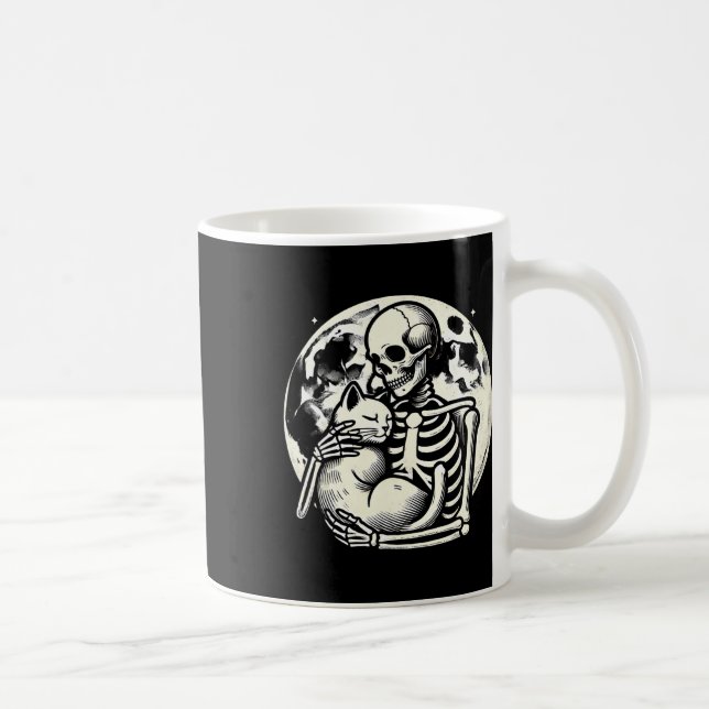 Holding Cat Spooky Skull Halloween Gothic Kitty  Coffee Mug (Right)