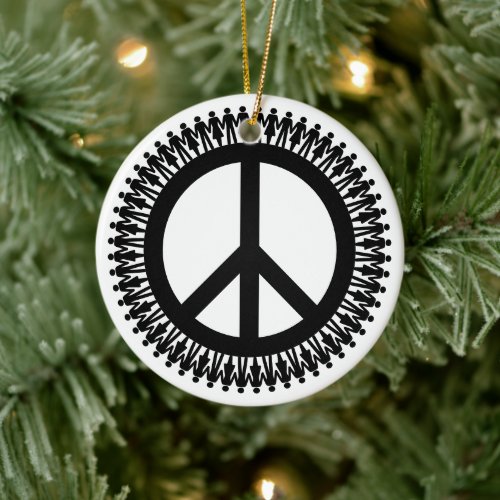 Holding hand around the world peace sign ceramic ornament