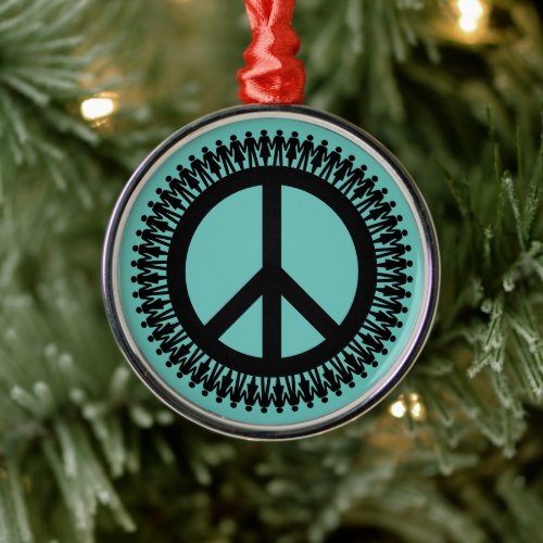 Holding hand around the world peace sign metal ornament
