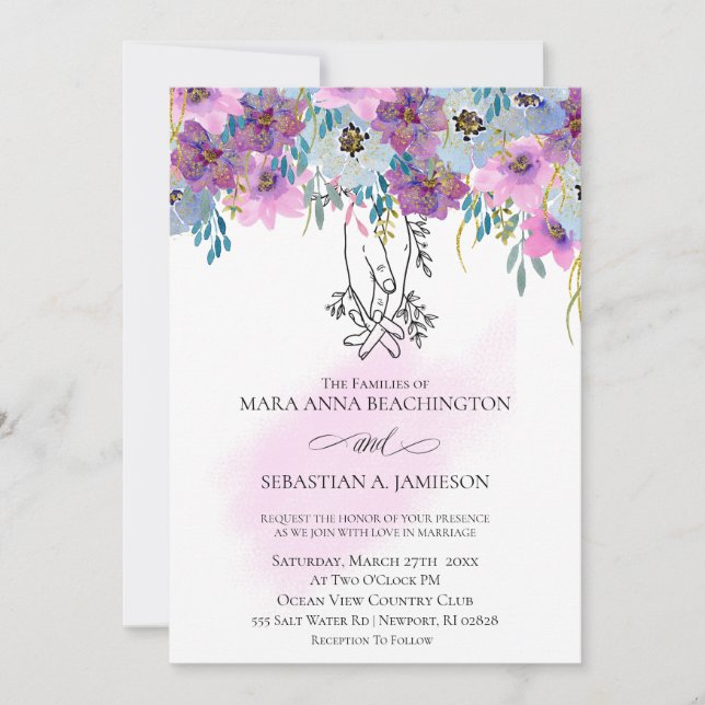 *~* Holding Hands Pink Flowers White Wedding Invitation (Front)