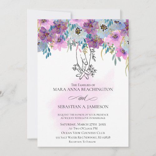  Holding Hands Pink Flowers White Wedding Invitation