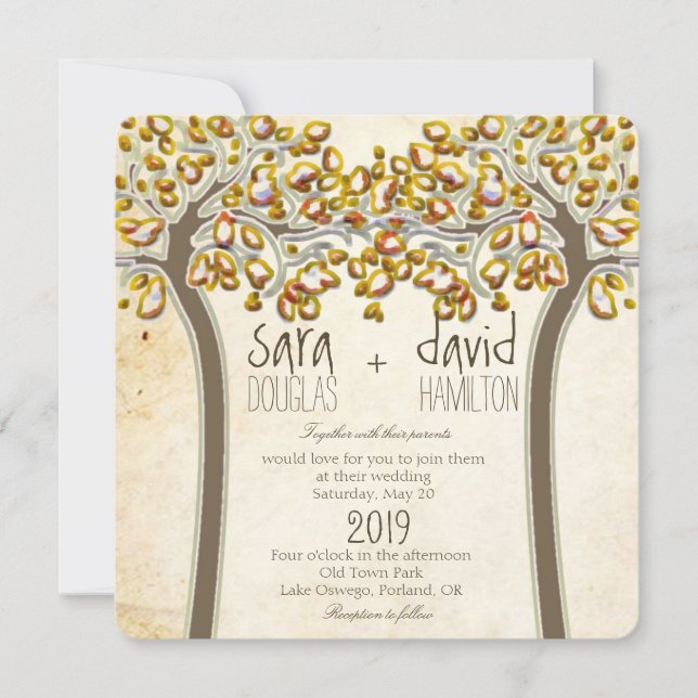 Holding Hands Trees Love Rustic Fall Wedding Invitation (Front)