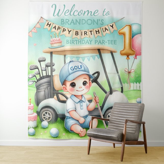Hole in One 1st Birthday Boy Golf Par-tee Tapestry (In Situ)