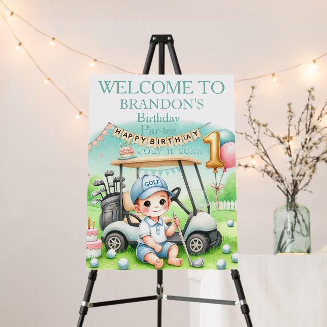 Hole in One 1st Birthday Boy Party Welcome Sign (In Situ (Stand))