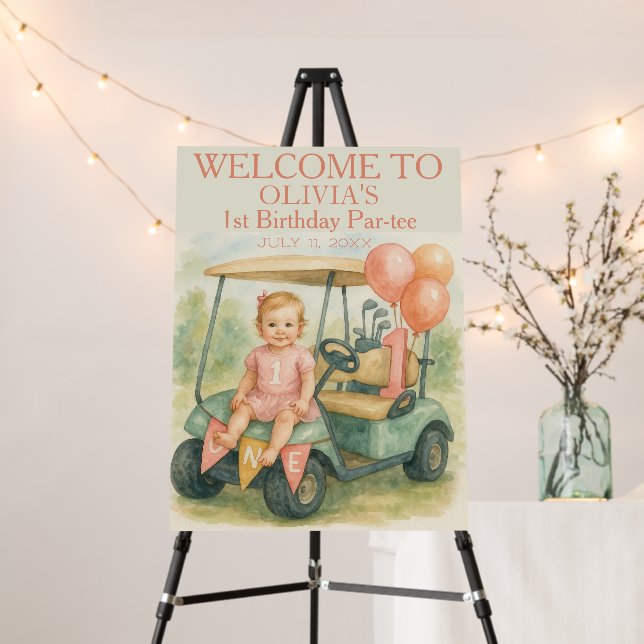 Hole in One 1st Birthday Girl Party Welcome Sign (In Situ (Stand))