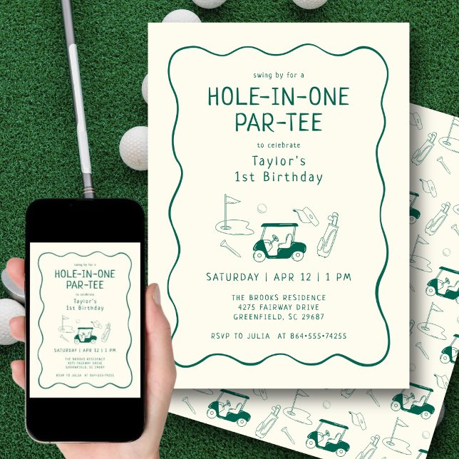 Hole In One 1st Birthday Par-tee Hand Drawn Green Invitation (Hand-drawn golf icons add a playful, artistic touch to this modern first birthday invite.)