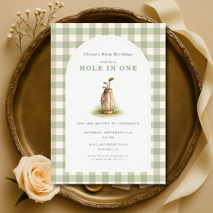Hole in One 1st Year Sage Green Gingham Birthday Invitation