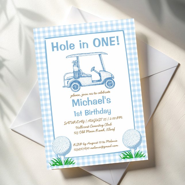 Hole in one blue gingham golf 1st birthday party invitation (Hole in one pastel blue gingham golf 1st birthday party invitation template sports boys birthday)