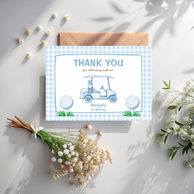 Hole in one blue gingham golf 1st birthday party thank you card (Hole in one blue gingham golf 1st birthday party thank you cards golf party supplies)
