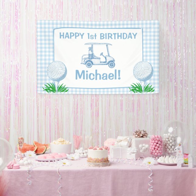 Hole in one blue gingham golf party happy birthday banner (Party)
