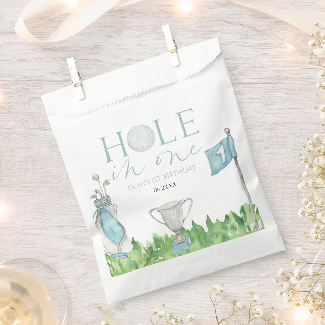Hole In One Blue Golf 1st Birthday Party Favor Bag (Clipped)