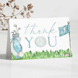 Hole In One Blue Golf 1st Birthday Party Letterpress Thank You Card