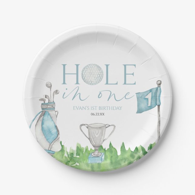 Hole In One Blue Golf 1st Birthday Party Paper Plates (Front)