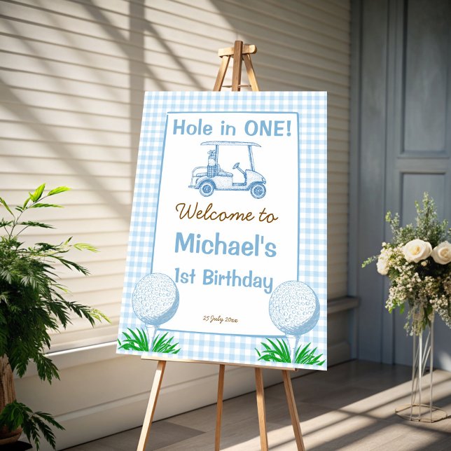 Hole in one blue golf 1st birthday welcome sign (Hole in one blue gingham golf themed 1st birthday party personalized welcome sign board)