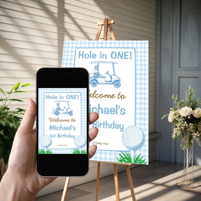 Hole in one blue golf 1st birthday welcome sign (Hole in one blue gingham golf 1st birthday welcome sign poster template instant download)