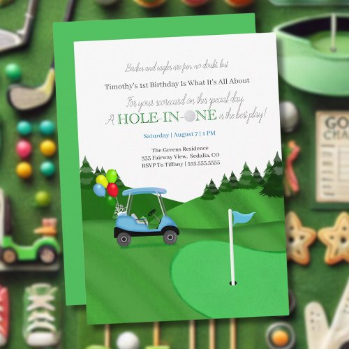Hole In One Blue Golf Cart 1st Birthday  Invitation