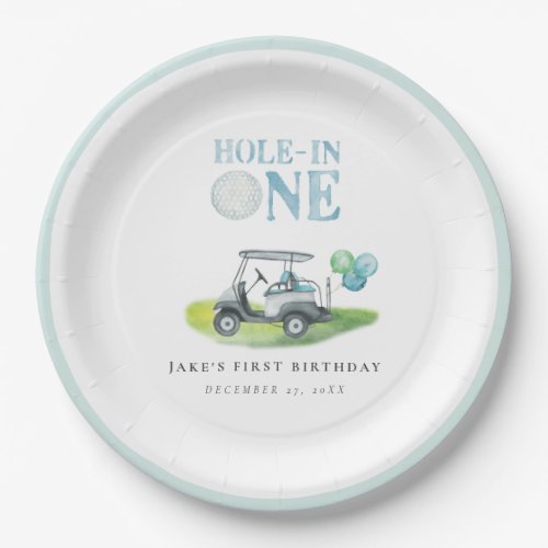 Hole_In_One Blue Golf Cart Birthday Paper Plates
