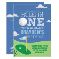 Hole in One Blue Golf Theme Boys First Birthday Invitation