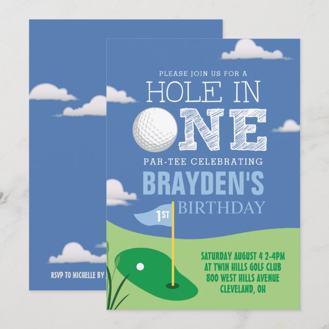 Hole in One Blue Golf Theme Boys First Birthday Invitation (Front/Back)