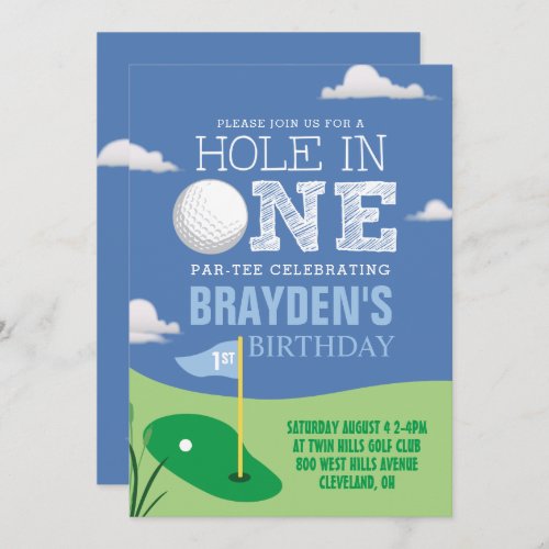 Hole in One Blue Golf Theme Boys First Birthday Invitation