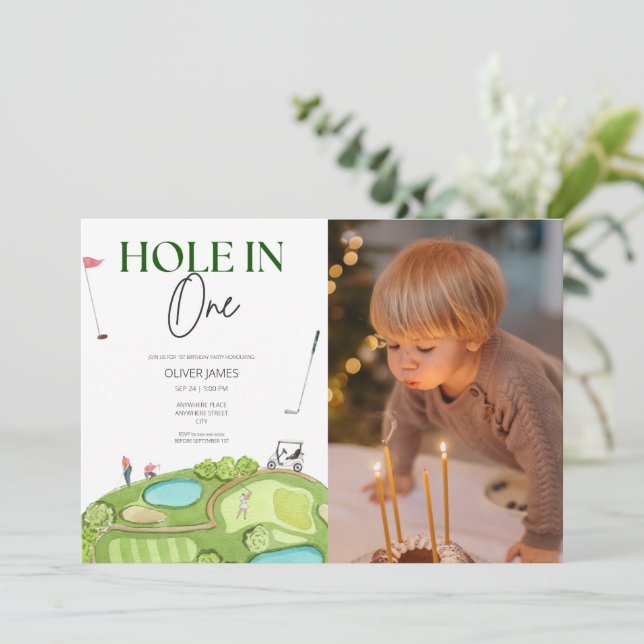 Hole in one boy first birthday  invitation (Standing Front)
