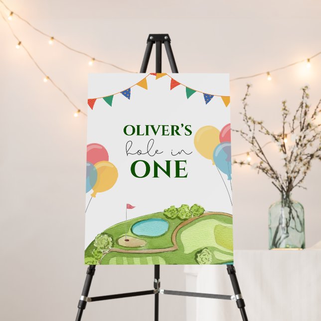 Hole in one boy first birthday welcome sign (In Situ (Stand))