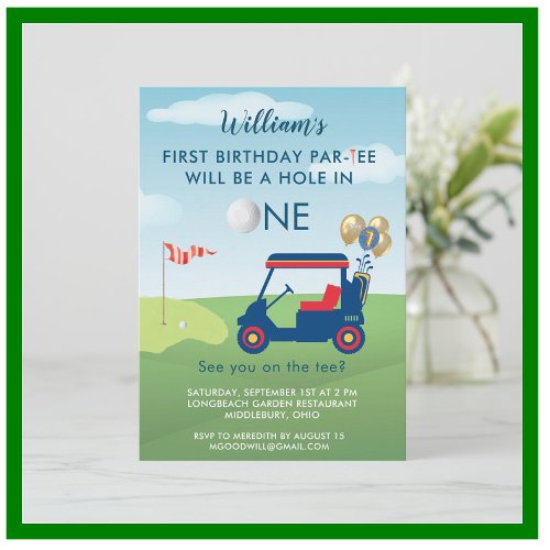 Hole In One Boy Golf Cart Par_tee 1st Birthday  Invitation