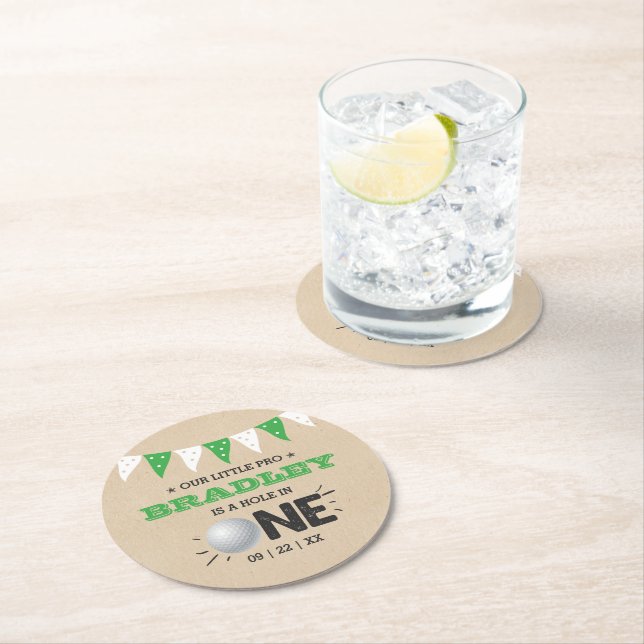Hole In One Boys Golf 1st Birthday Par-tee Round Paper Coaster (Insitu)