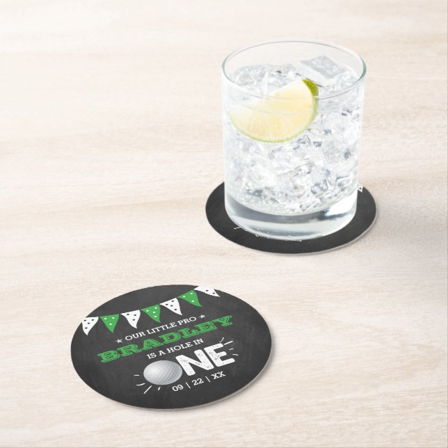 Hole In One Boys Golf 1st Birthday Par-tee Round Paper Coaster (Insitu)