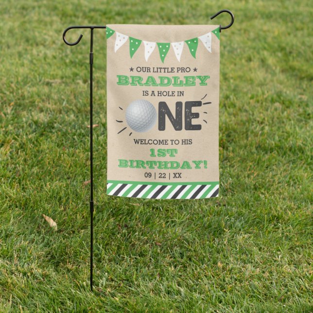 Hole In One Boys Golf 1st Birthday Par-tee Welcome Garden Flag (In SItu)