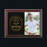 Hole in One Classic Gold And Black Photo Golf Award Plaque<br><div class="desc">Showcasing a vintage stamp effect with a classic retro design, this customizable keepsake lets you personalize the golfer's photo, name, location, hole number, and date. Perfect for commemorating that remarkable hole-in-one achievement.</div>