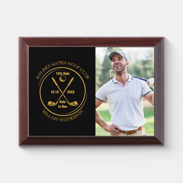 Hole in One Classic Gold And Black Photo Golf Award Plaque (Horizontal)