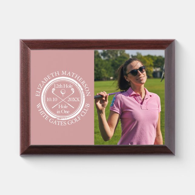 Hole in One Classic Golfer Photo Dusty Rose Pink Award Plaque (Horizontal)