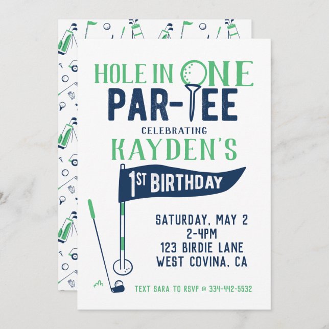 Hole in One Doodle Golf First Birthday Invitation (Front/Back)
