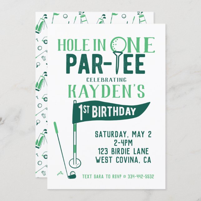Hole in One Doodle Golf First Birthday Invitation (Front/Back)