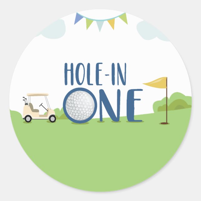 Hole in one first birthday cupcake topper in blue classic round sticker (Front)