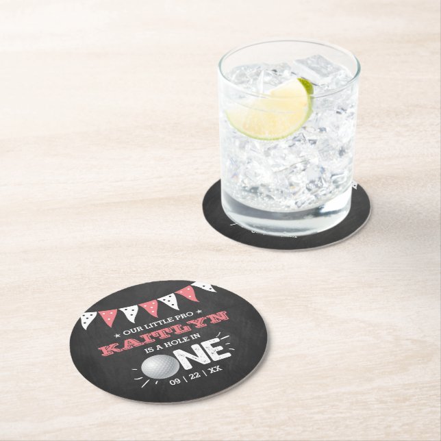 Hole In One Girls Golf 1st Birthday Par-tee Round Paper Coaster (Insitu)