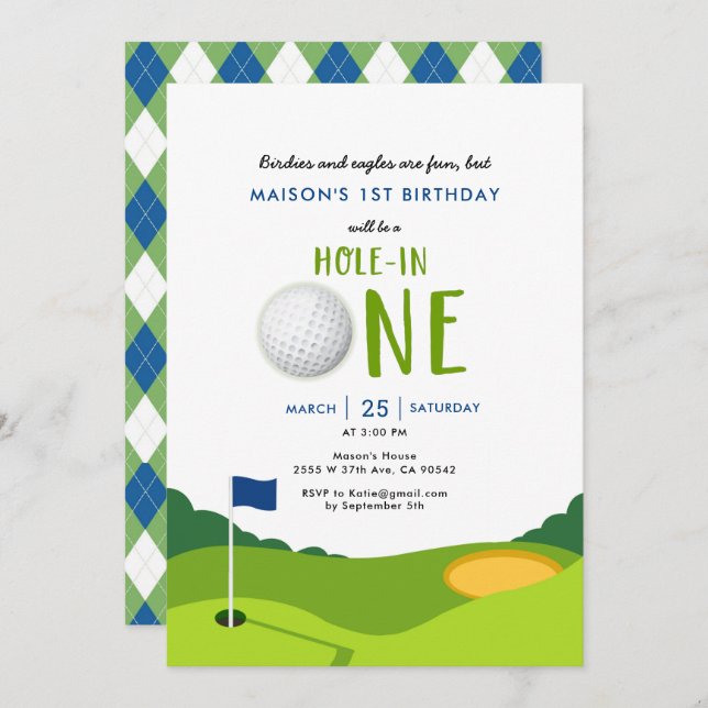 Hole In One Golf 1st Birthday Party Invitation (Front/Back)