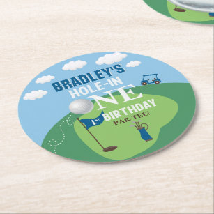 Hole In One Golf 1st Birthday Party Round Paper Coaster