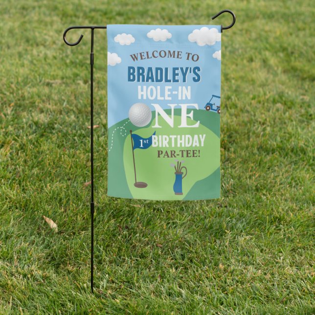 Hole In One Golf 1st Birthday Welcome Garden Flag (In SItu)