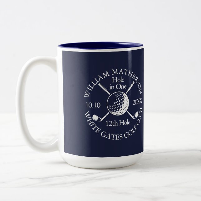Hole in One Golf Ball And Clubs Navy Blue Custom Two-Tone Coffee Mug (Left)