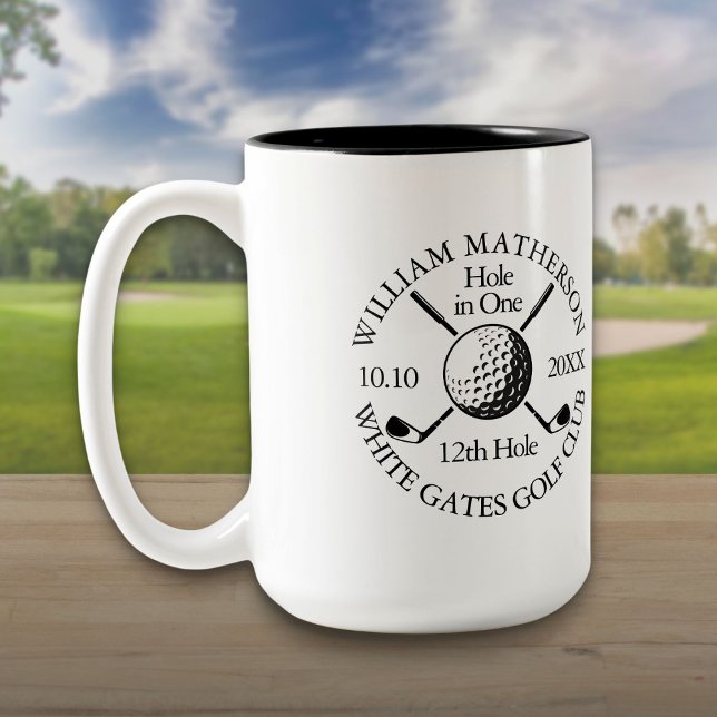 Hole in One Golf Ball And Clubs Personalized Two-Tone Coffee Mug (Hole in One Golf Ball And Clubs Personalized Two-Tone Coffee Mug)