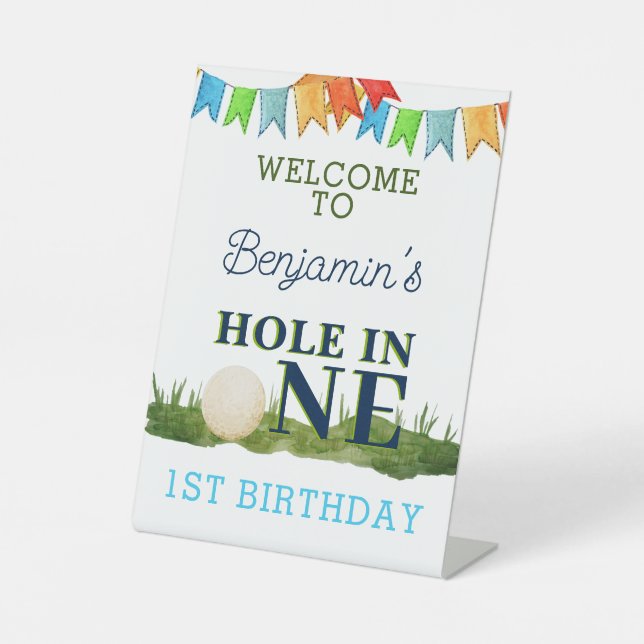 Hole in One Golf Birthday Par-Tee 1st Birthday  Pedestal Sign (Front)