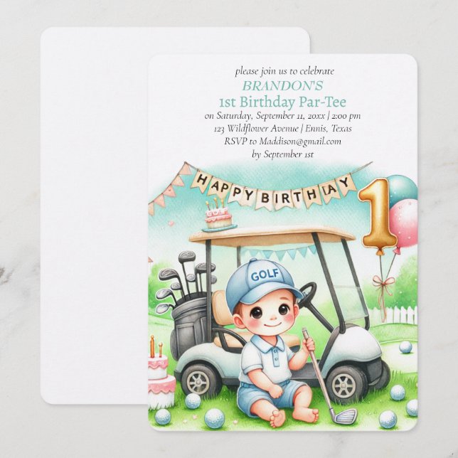 Hole in One Golf Boy 1st Birthday Par-Tee Invitation (Front/Back)